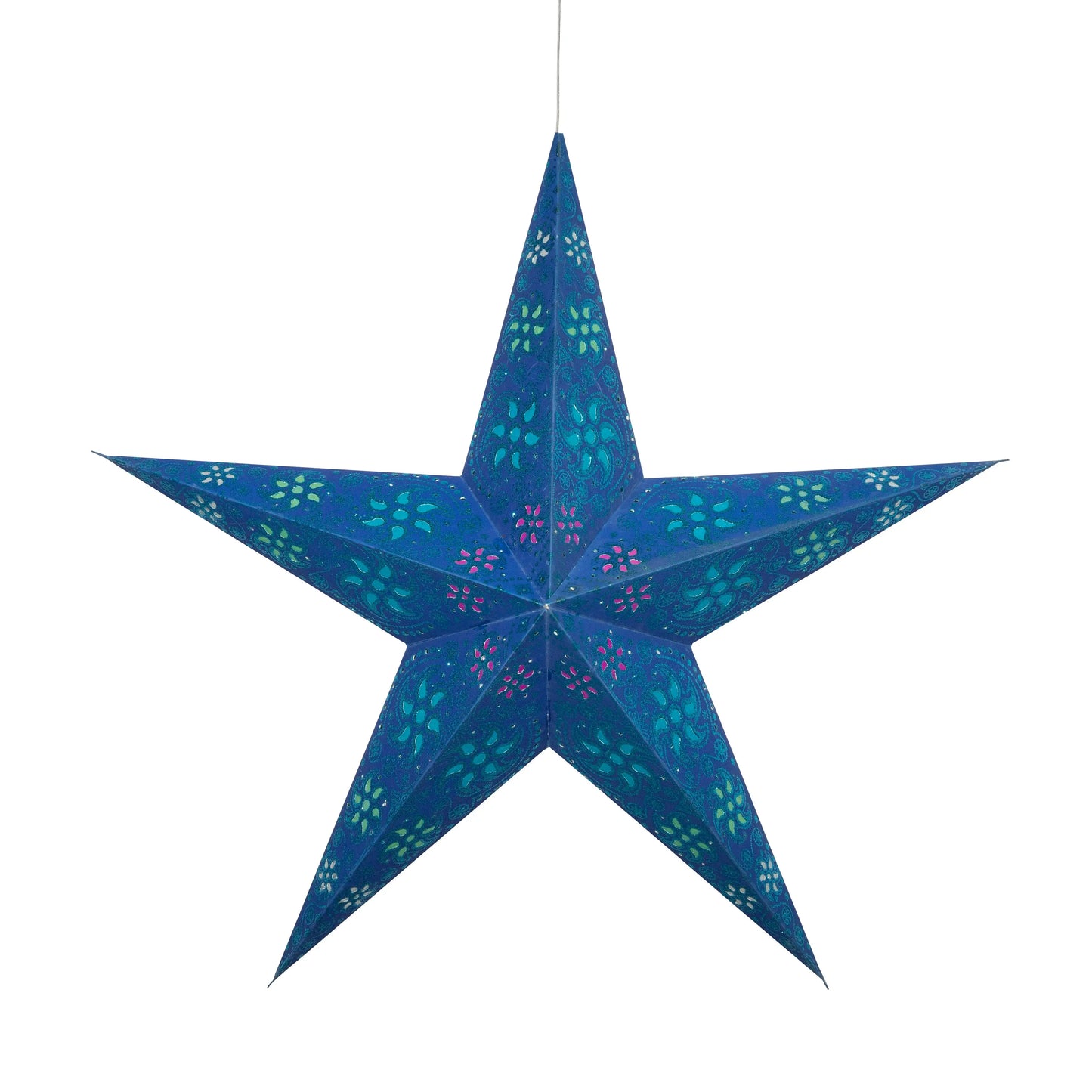 Blue 24-inch glittery 5-point star paper lantern by Artschatz with perforated patterns. - Siklon 5 Pointer 24" blue w/ glitter