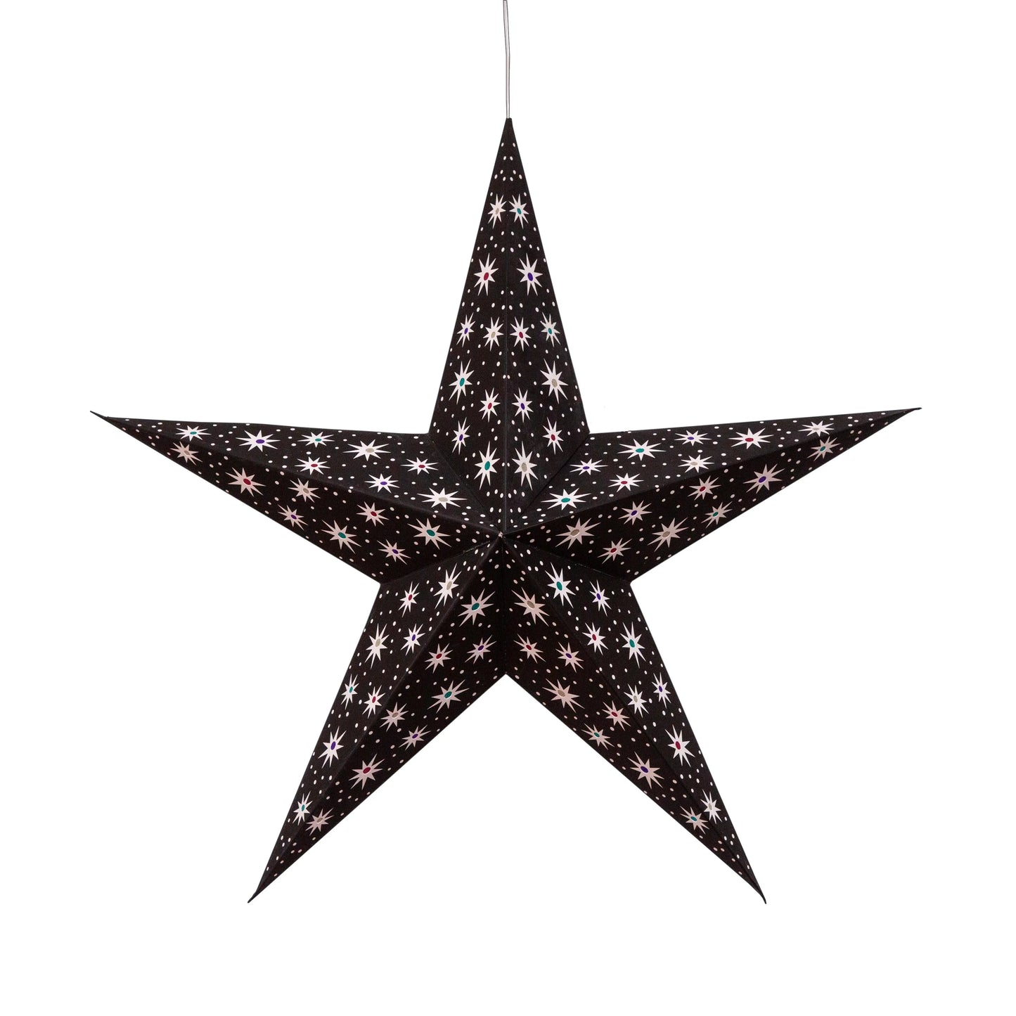 Black 24" Artschatz 5-point paper star with white starry night pattern hanging decor. - Starry Night 5 Point 24"