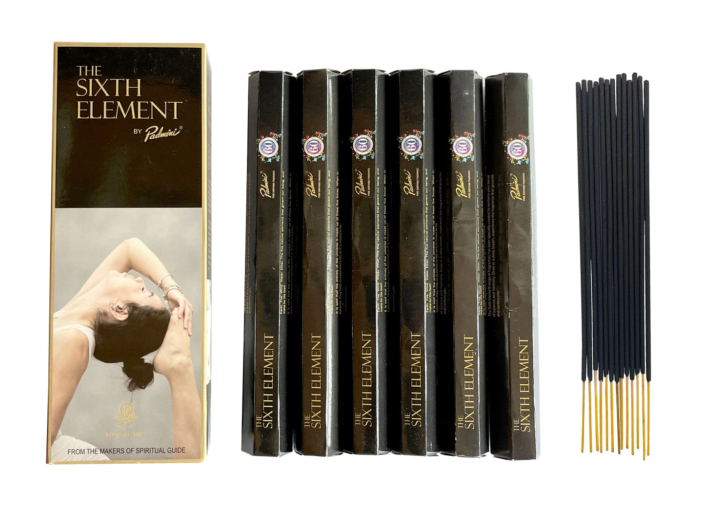 Six black Artschatz Sixth Element Spicy Lavender incense stick packs with gold tips and white box with meditative woman. - Sixth Element - Spicy Lavender Incense Sticks (6x15 Sticks = Total 105 Sticks)