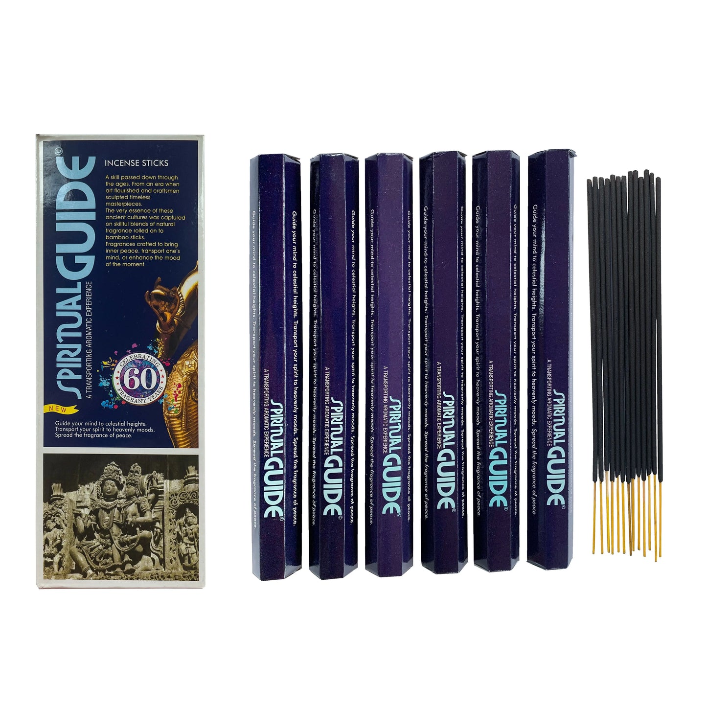 Spiritual Guide Padmini incense packaging with six blue Artschatz hexagonal tubes and black incense sticks with wooden tips. - Spiritual Guide - Padmini 120 Sticks Hexa Tubes