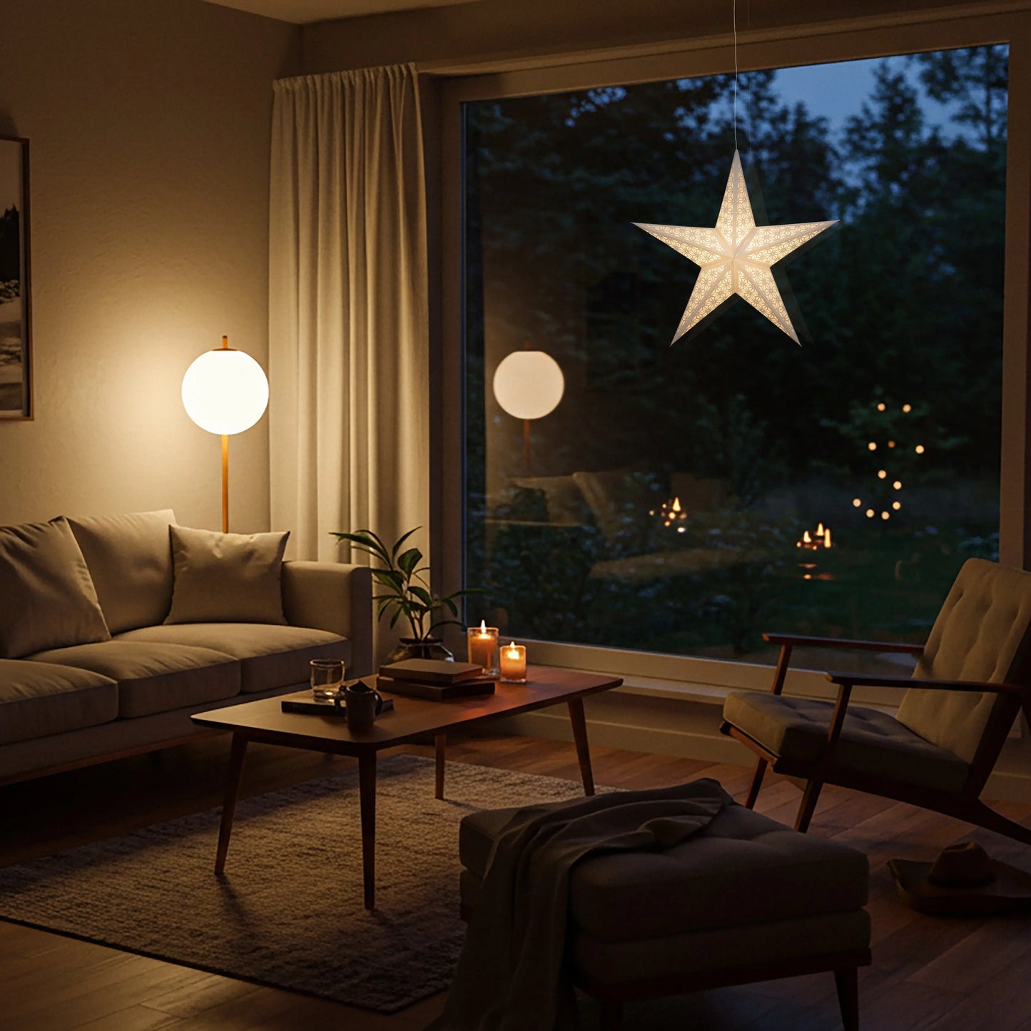 White 24-inch Artschatz Tessella 5-point paper star light hanging in cozy living room at night. - Tessella 5 Pointer 24" White