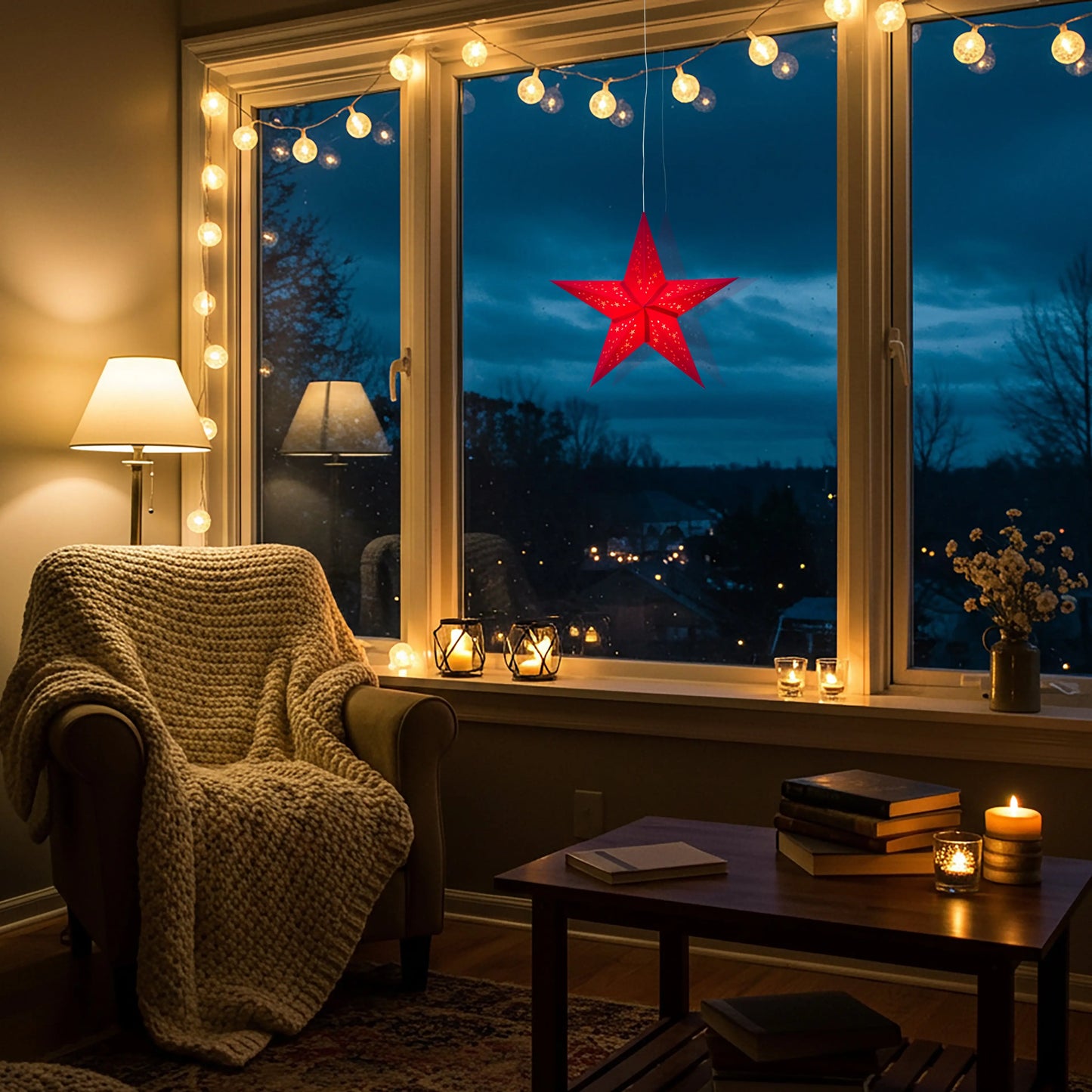 Red 15-inch Artschatz Twinkle Star paper 5-point star hanging in window glowing warmly. - Twinkle Star 5 Point 15" Red