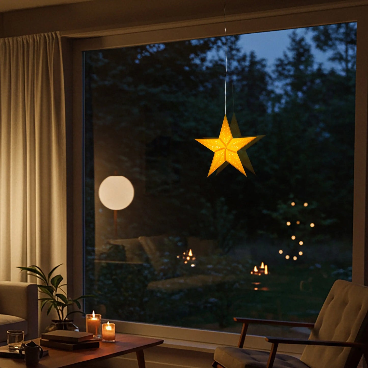 Yellow 15-inch five-point paper star lantern glowing by window, Artschatz design. - Twinkle Star 5 Point 15" Yellow