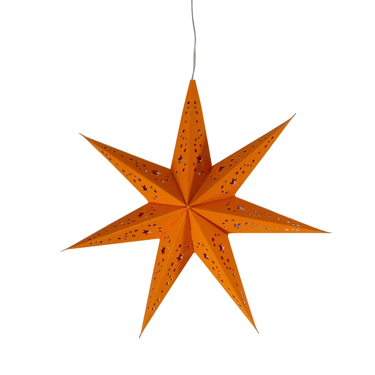 Orange 9-inch 7-point paper star lantern with perforated design by Artschatz, hanging with wire. - Twinkle Star 7 Point 9" Orange