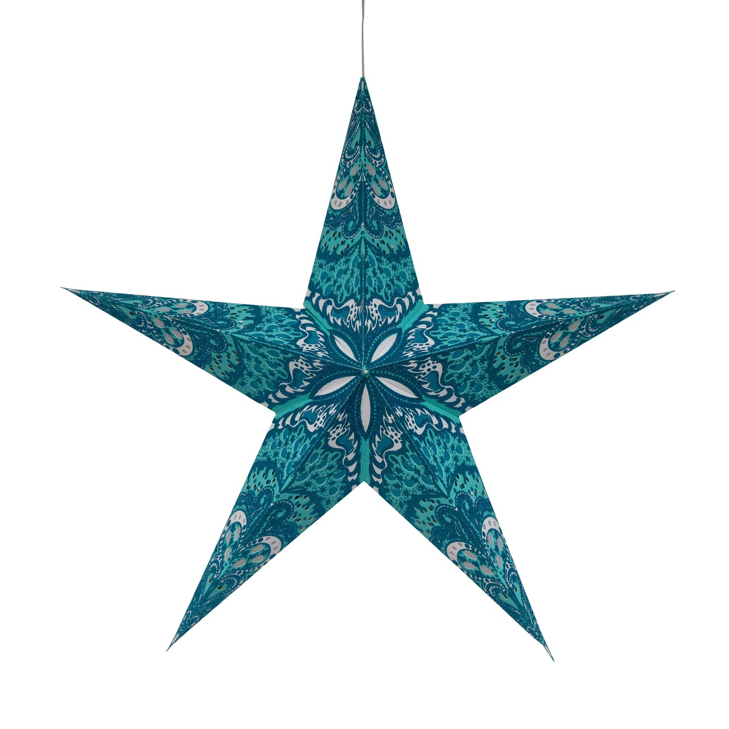 24-inch aqua Artschatz paper star with intricate floral 5-point design. - Varsha 5 Pointer 24" Aqua