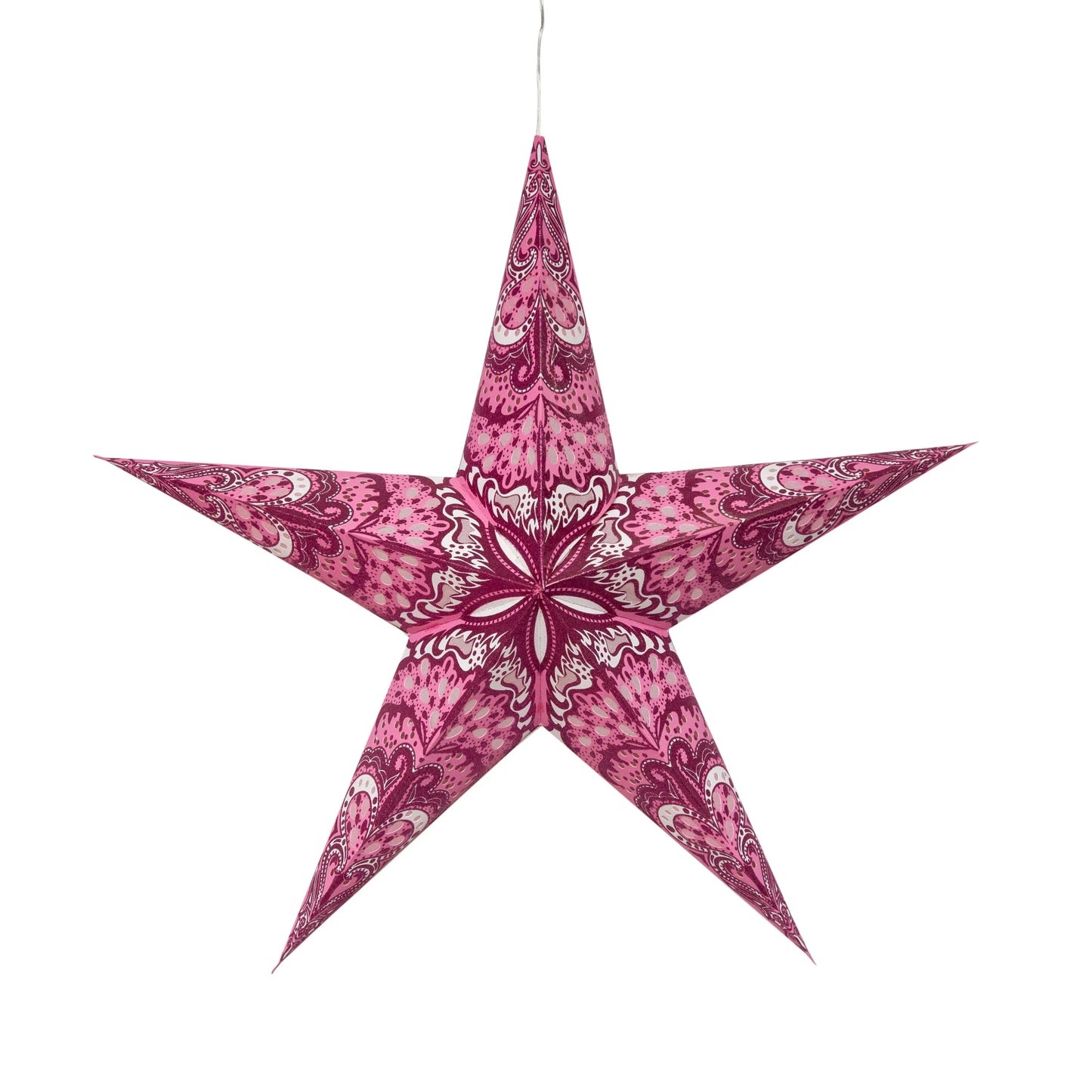 Pink 24-inch Artschatz Varsha 5-point paper star with intricate floral patterns. - Varsha 5 Pointer 24" Pink