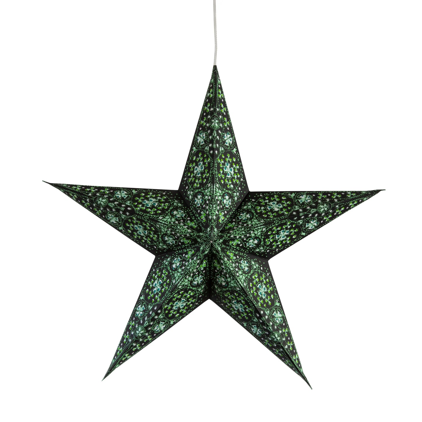 15" black and green Artschatz Cathedral 5-point paper star lantern with intricate cutout patterns. - Cathedral 5 Pointer 15" black/green