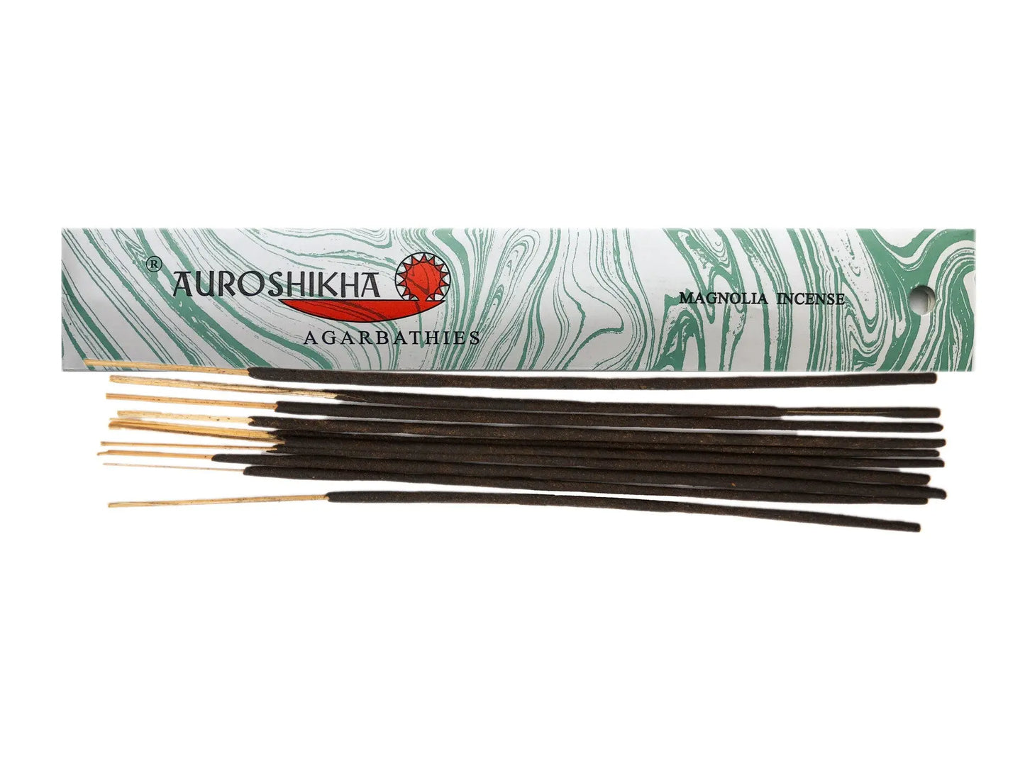 Auroshikha Magnolia Artschatz dark brown incense sticks with green marbled box packaging. - Magnolia