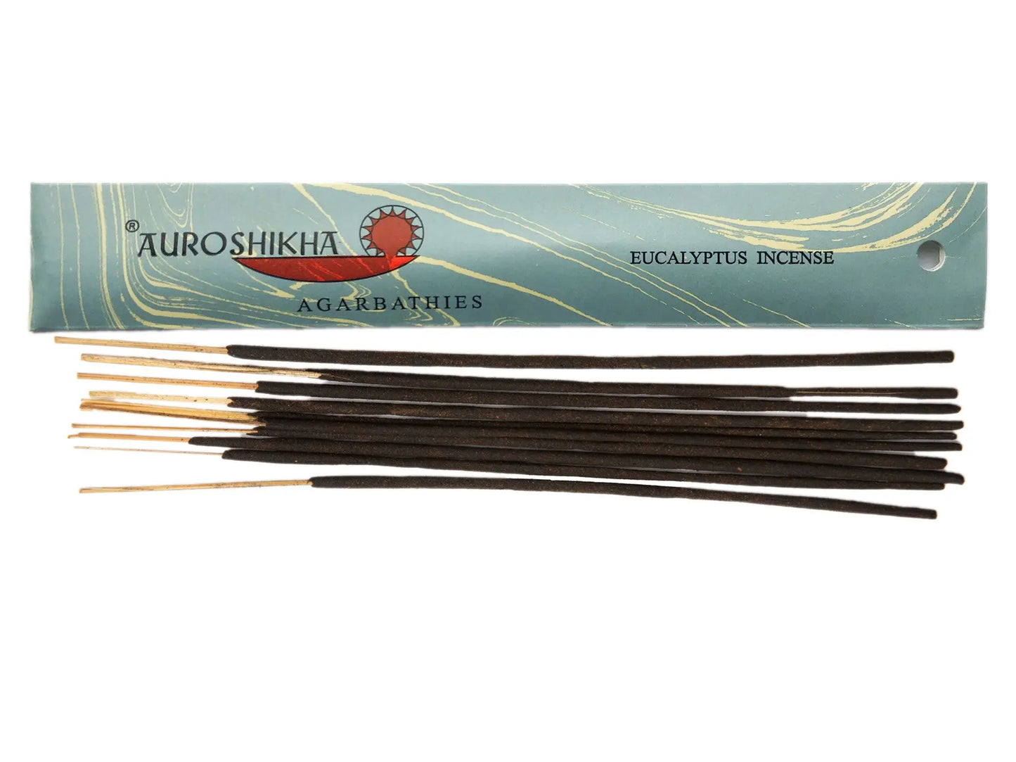 Artschatz eucalyptus incense sticks with teal packaging and red sun logo by Auroshikha. - Eucalyptus
