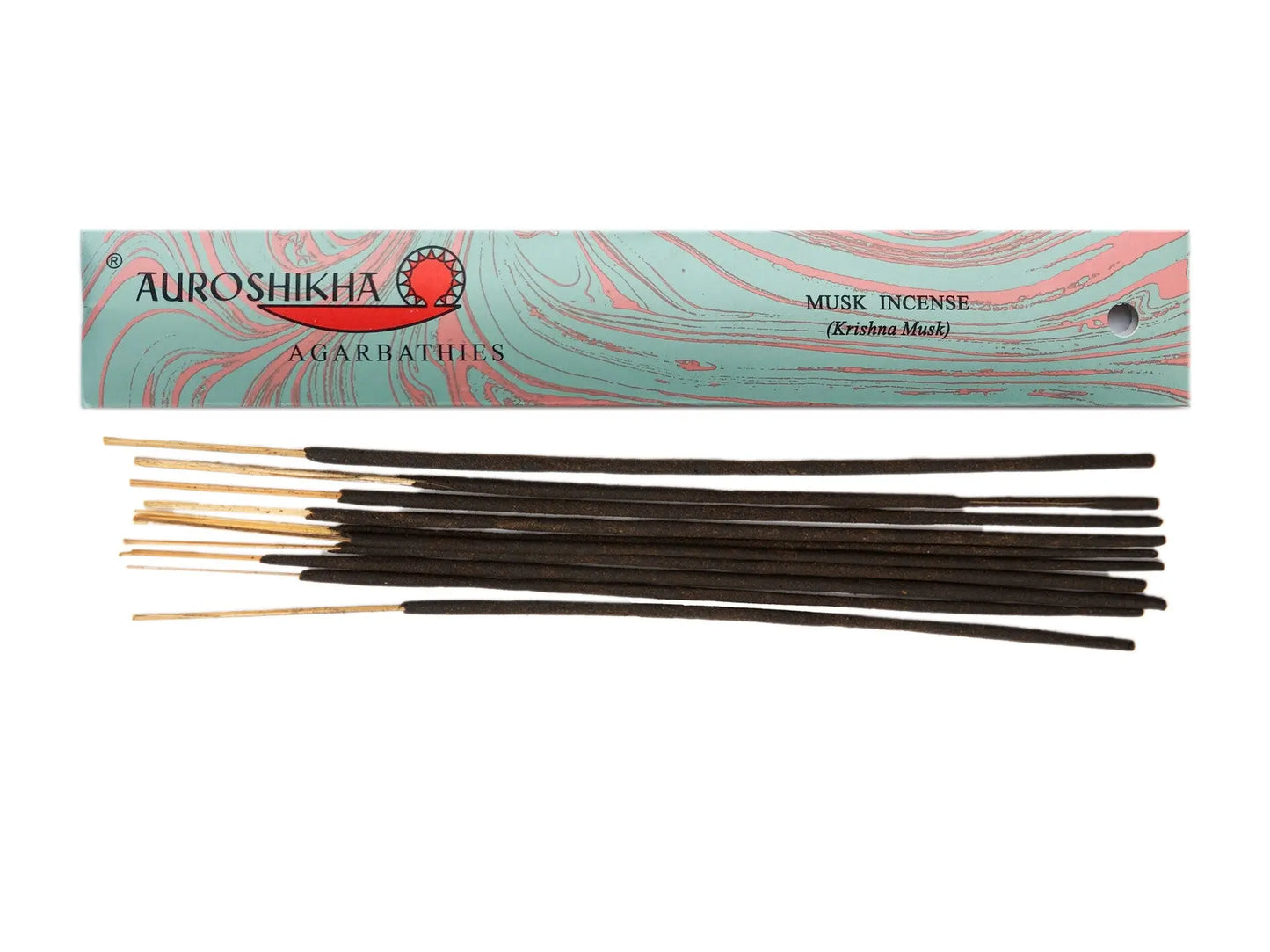 Auroshikha Musk incense sticks with turquoise and marbled pink Artschatz packaging. - Musk