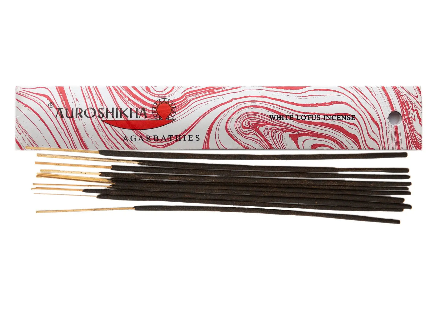 Auroshikha White Lotus Artschatz incense sticks with red and white marbling box packaging. - White Lotus
