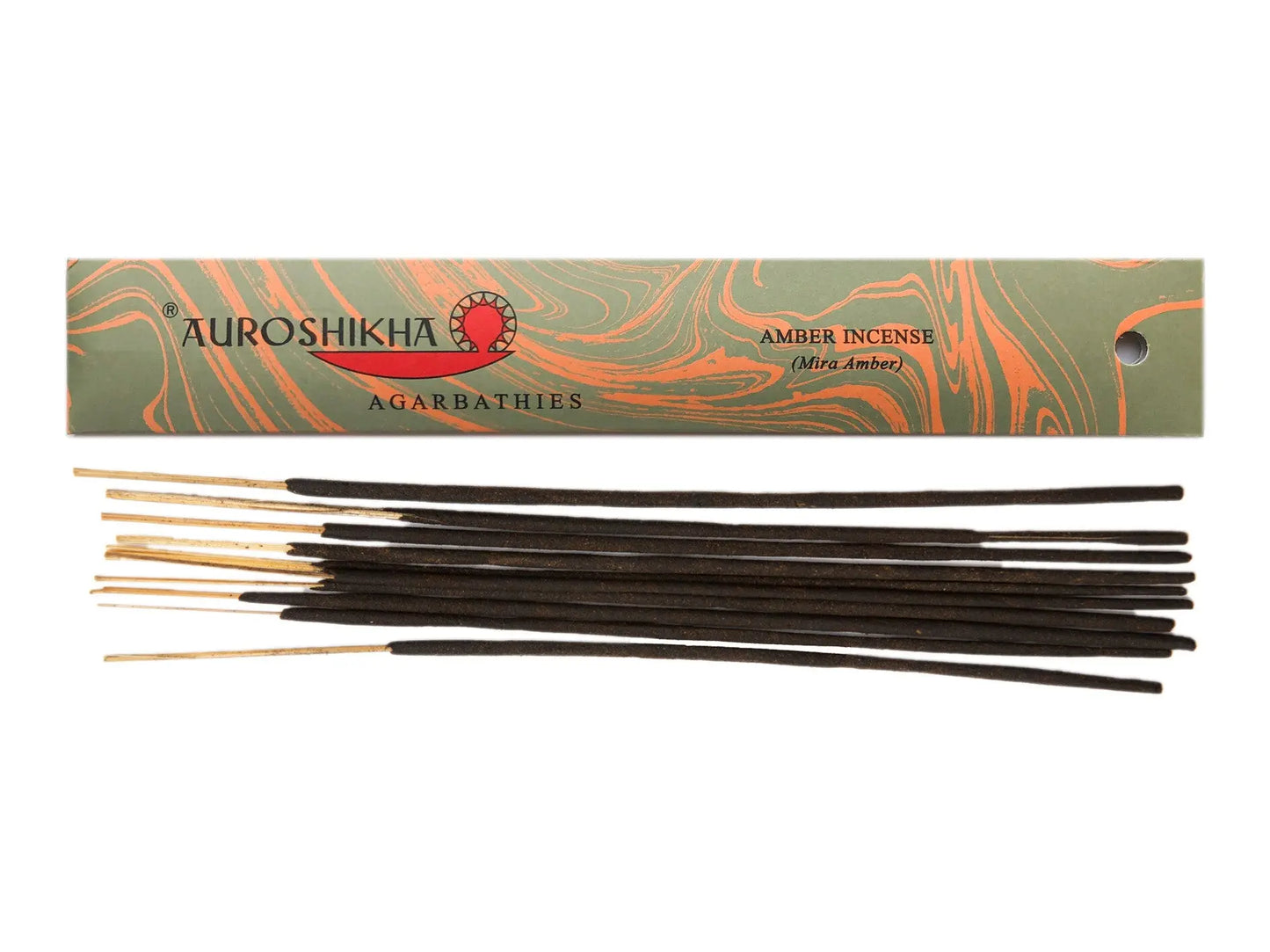 Auroshikha Amber Artschatz incense sticks with green and orange marbled packaging. - Amber
