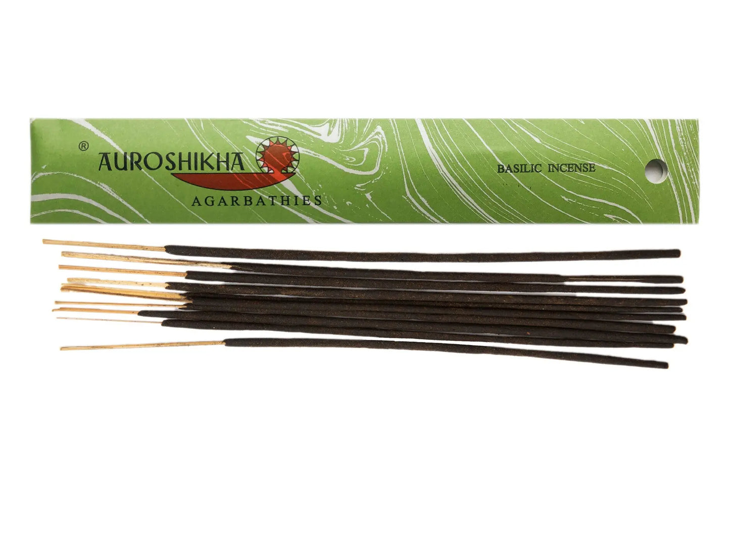 Auroshikha Basilic Artschatz incense sticks with green marbled packaging and natural wood ends. - Basilic