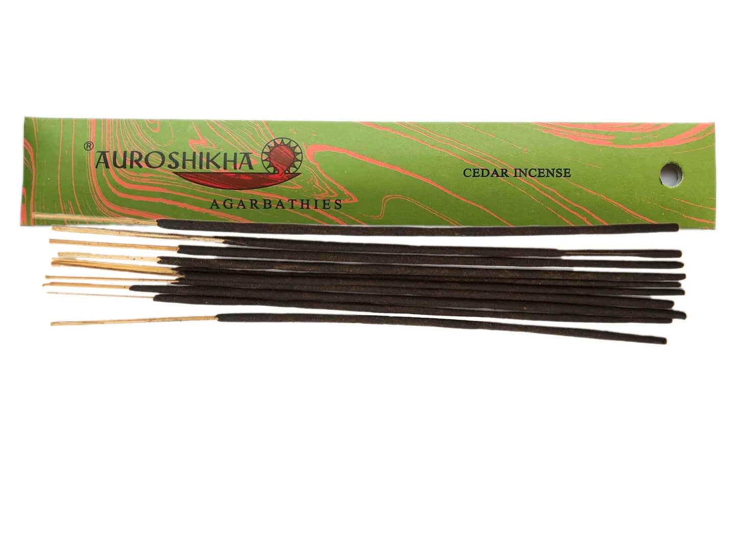 Auroshikha Cedar Artschatz incense sticks with green and gold packaging and natural wood sticks. - Cedar