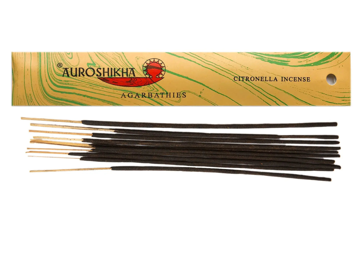 Auroshikha Citronella incense sticks with yellow and green Artschatz packaging and black sticks. - Citronella