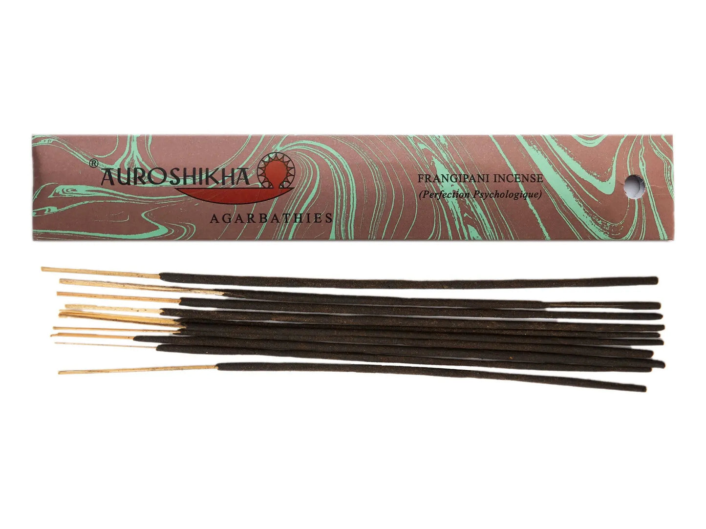 Auroshikha Artschatz Frangipani incense sticks with brown marbled packaging and scattered sticks. - Frangipani