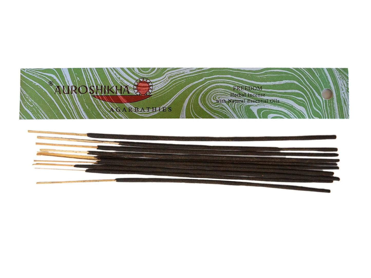 Auroshikha Freedom Artschatz marbled green incense box with dark brown incense sticks. - Freedom