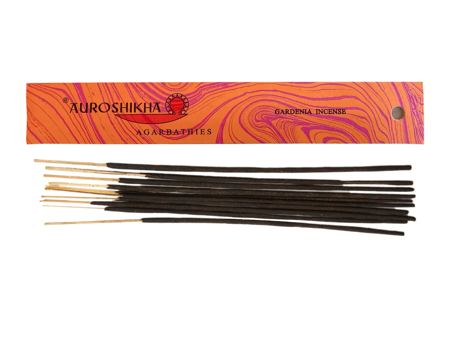 Auroshikha Gardenia Artschatz marbled orange incense sticks and packaging with floral pattern. - Gardenia