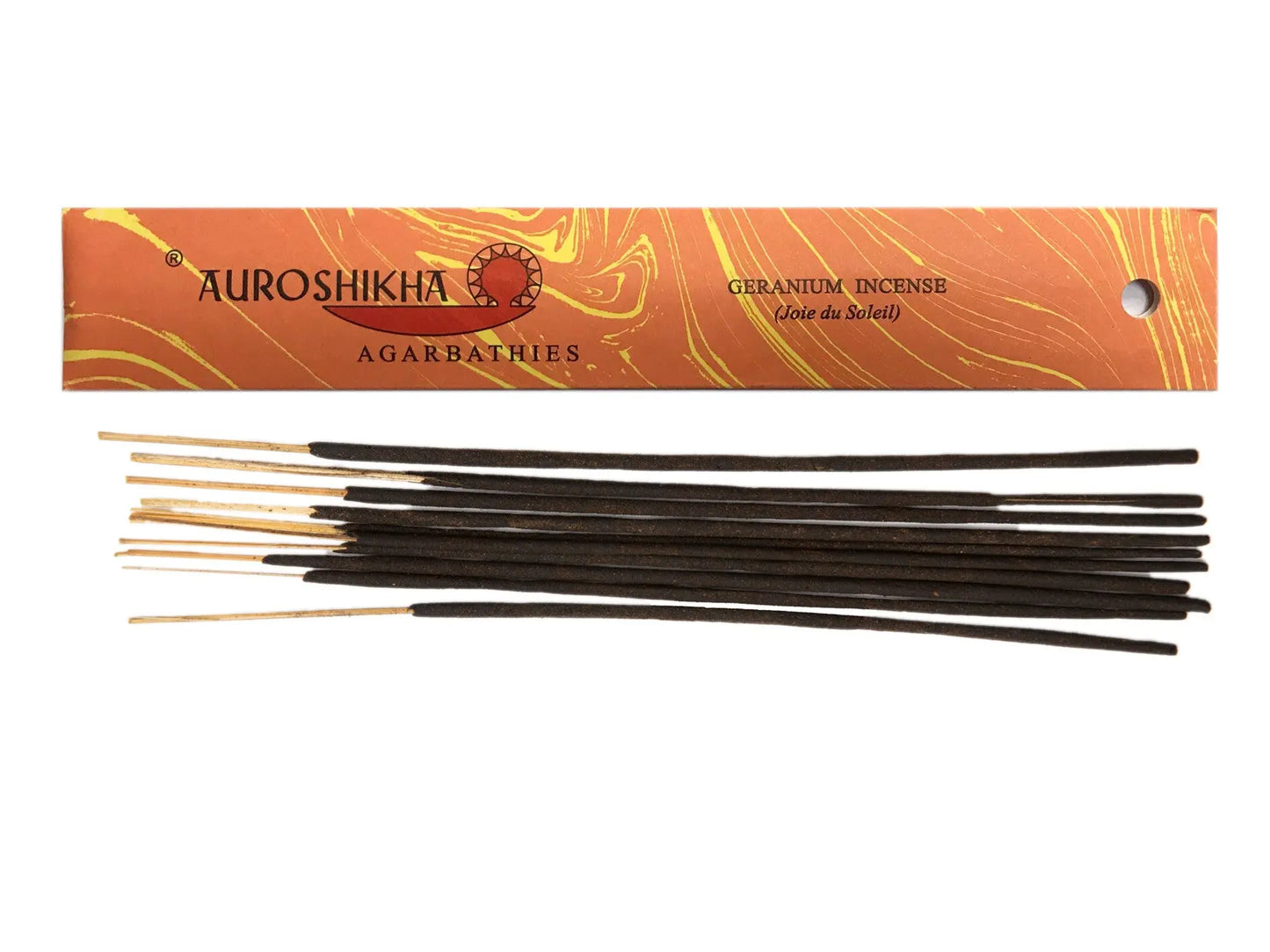 Auroshikha Geranium Artschatz incense sticks with marbled orange packaging and black sticks. - Geranium
