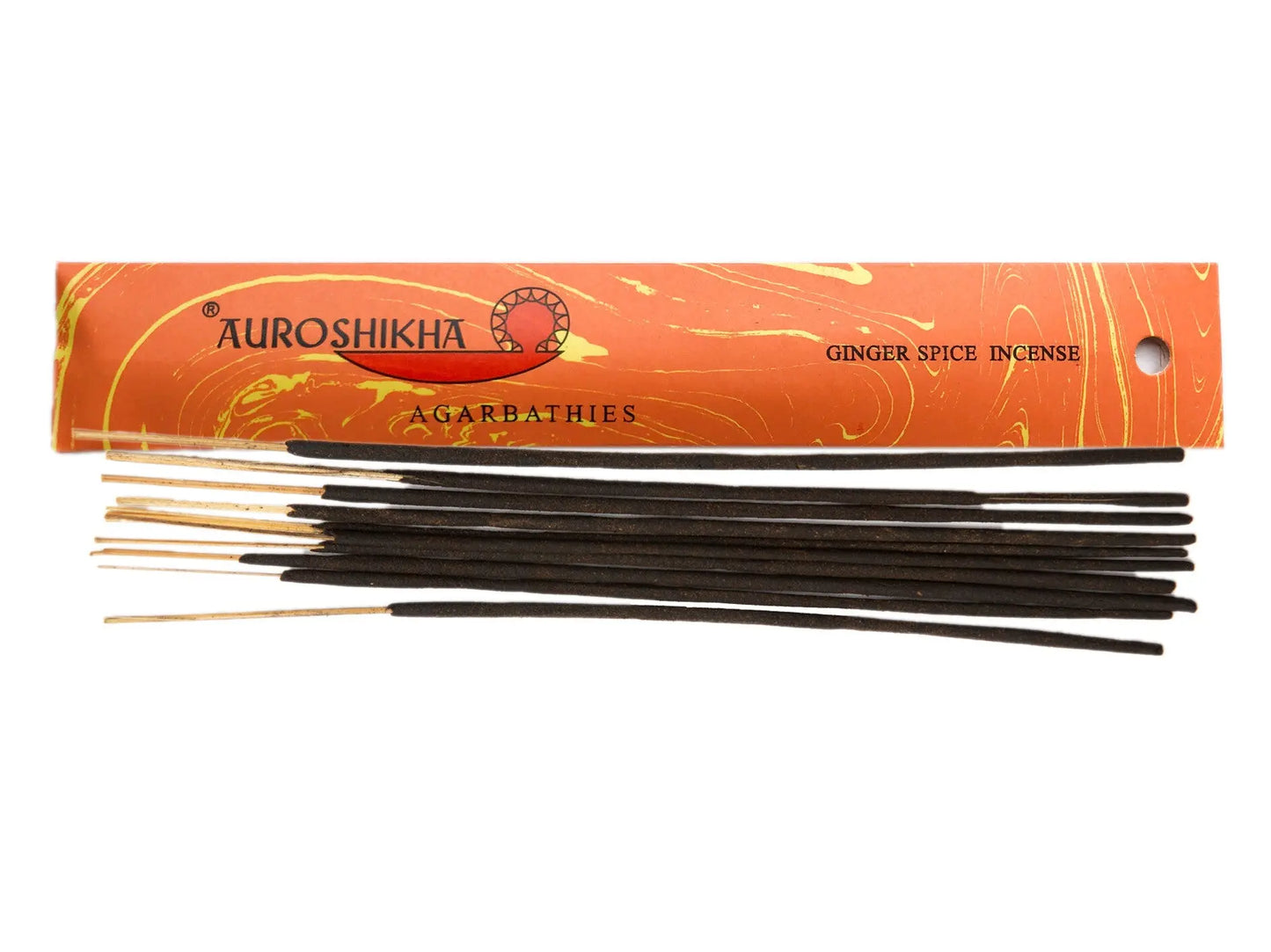 Auroshikha Artschatz Ginger Spice incense sticks with orange marbled packaging and black sticks. - Ginger Spice
