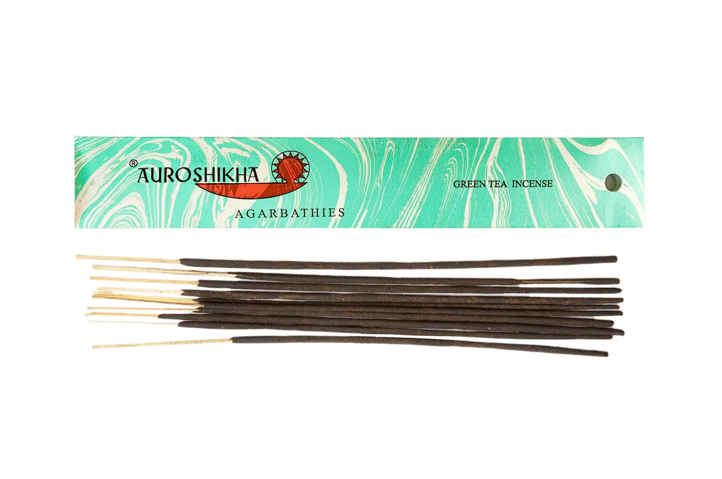 Auroshikha Green Tea incense sticks with Artschatz marbling in green and white packaging. - Green Tea