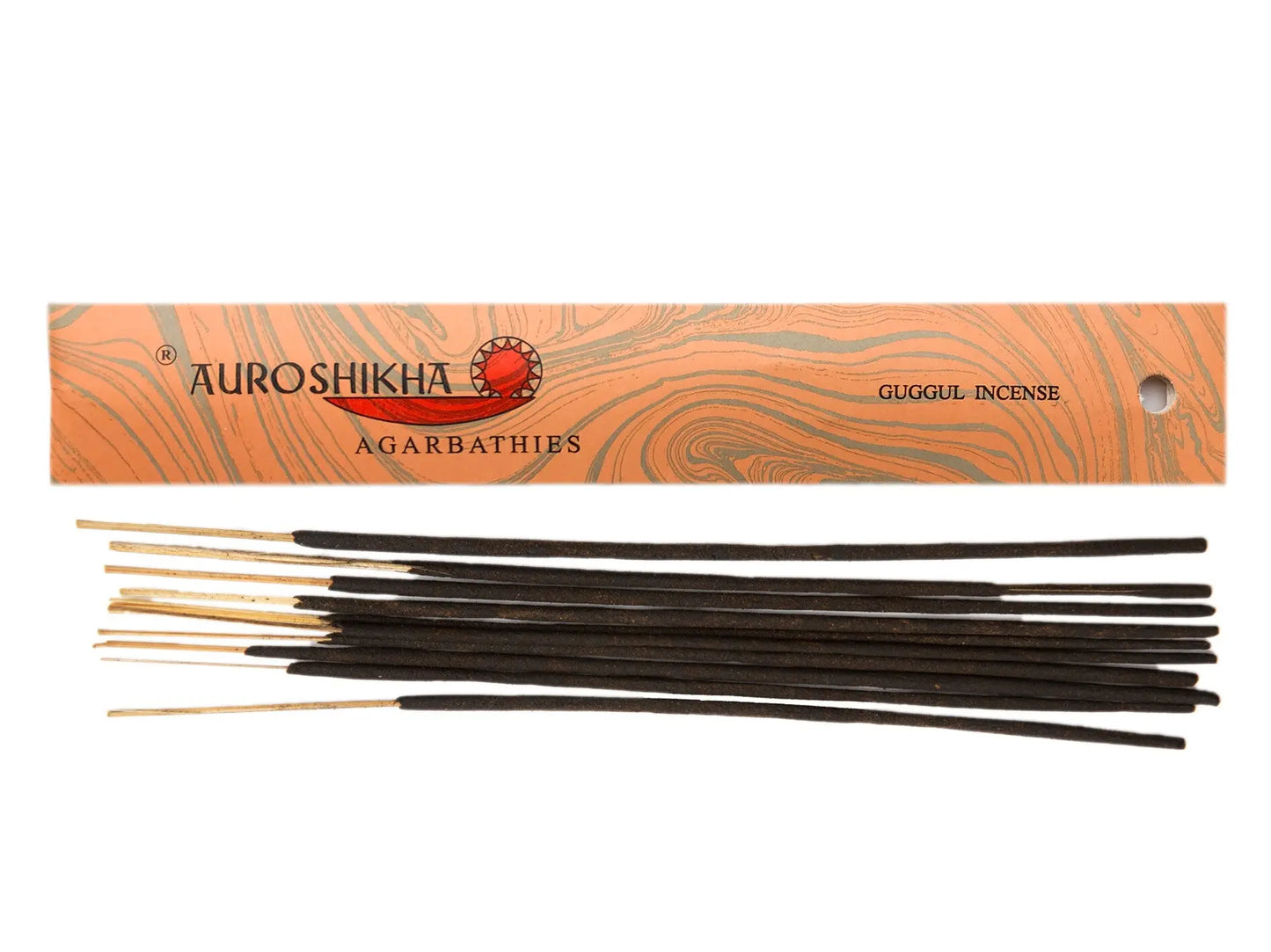 Artschatz Auroshikha Marbling incense sticks with woodsy myrrh scent, neatly arranged on white background. - Guggul