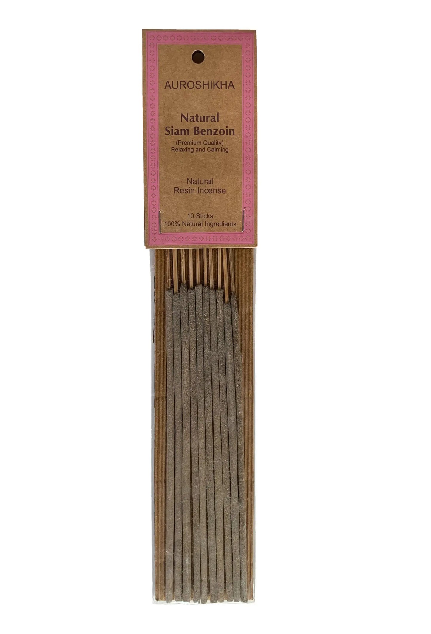 Auroshikha Siam Benzoin natural resin incense sticks in a rectangular pink and brown Artschatz package. - Siam Benzoin