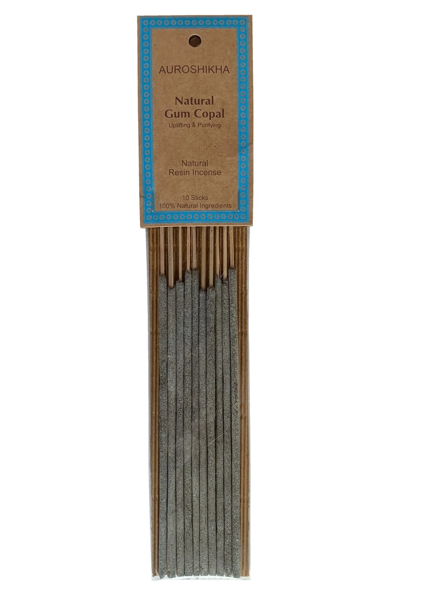 Auroshikha Gum Copal incense sticks with brown tips, packaged with a blue and brown Artschatz label. - Gum Copal