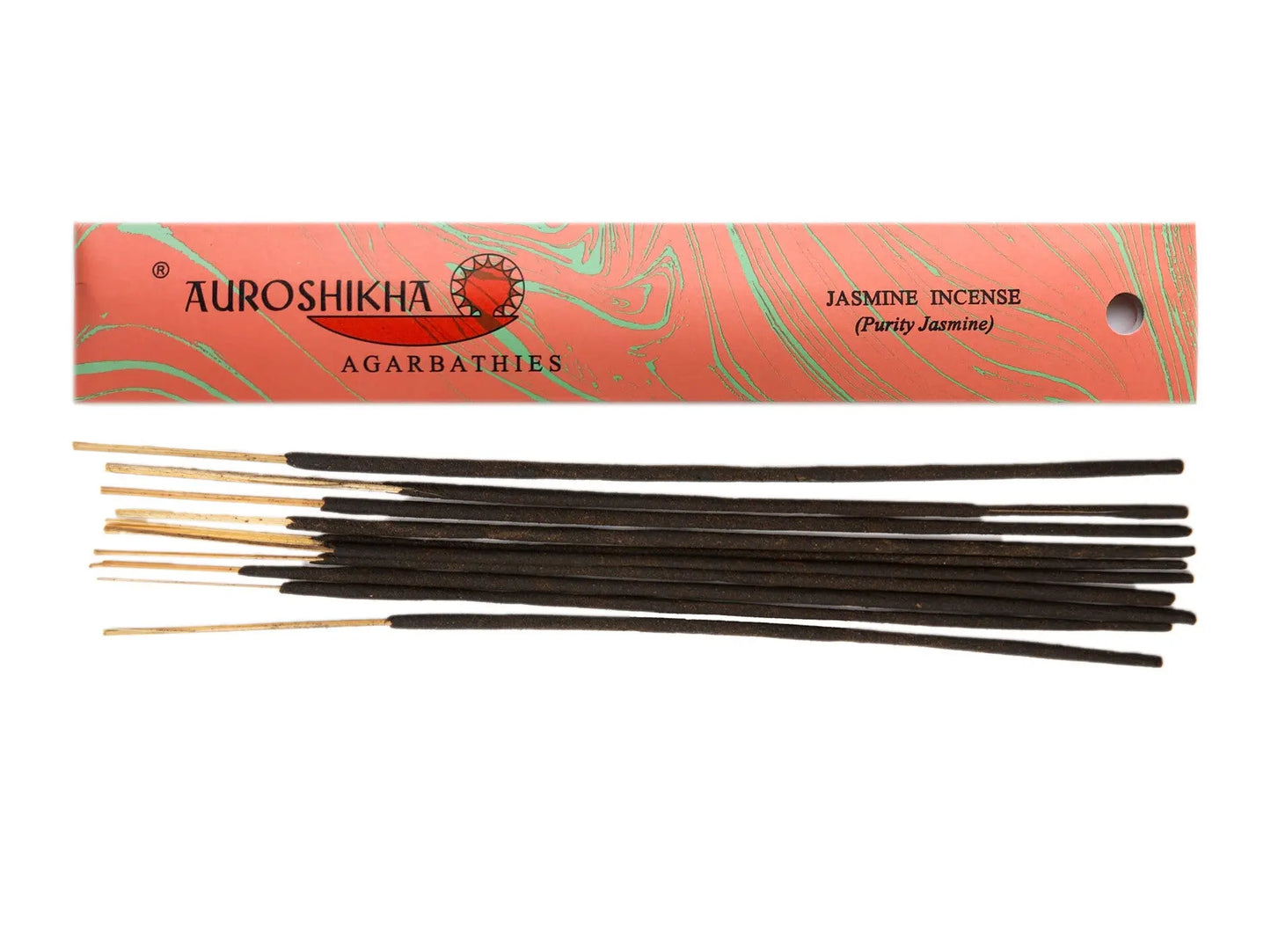 Auroshikha Purity Jasmine Artschatz incense sticks with coral and green marbled packaging. - Purity Jasmine