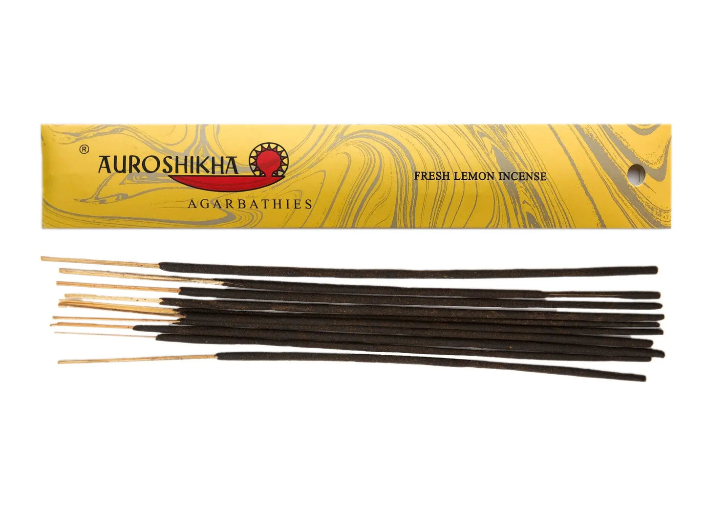 Auroshikha Fresh Lemon Artschatz incense sticks in yellow packaging with lemon graphic and 10 incense sticks displayed. - Fresh Lemon