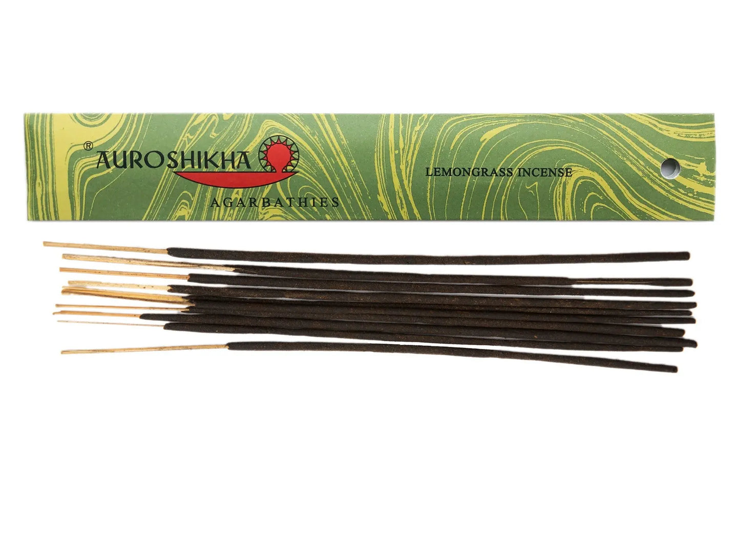 Auroshikha Lemongrass Artschatz incense sticks with green marbled packaging and natural wooden ends. - Lemongrass