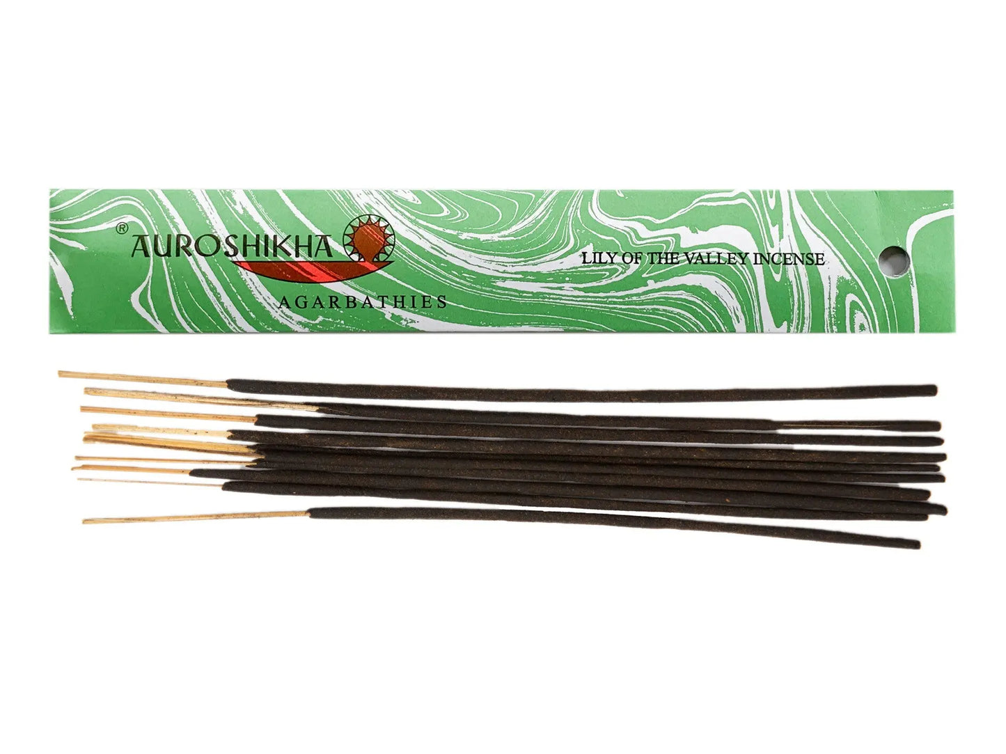 Auroshikha Artschatz Lily of the Valley green marbled incense box with dark brown incense sticks. - Lily of the Valley