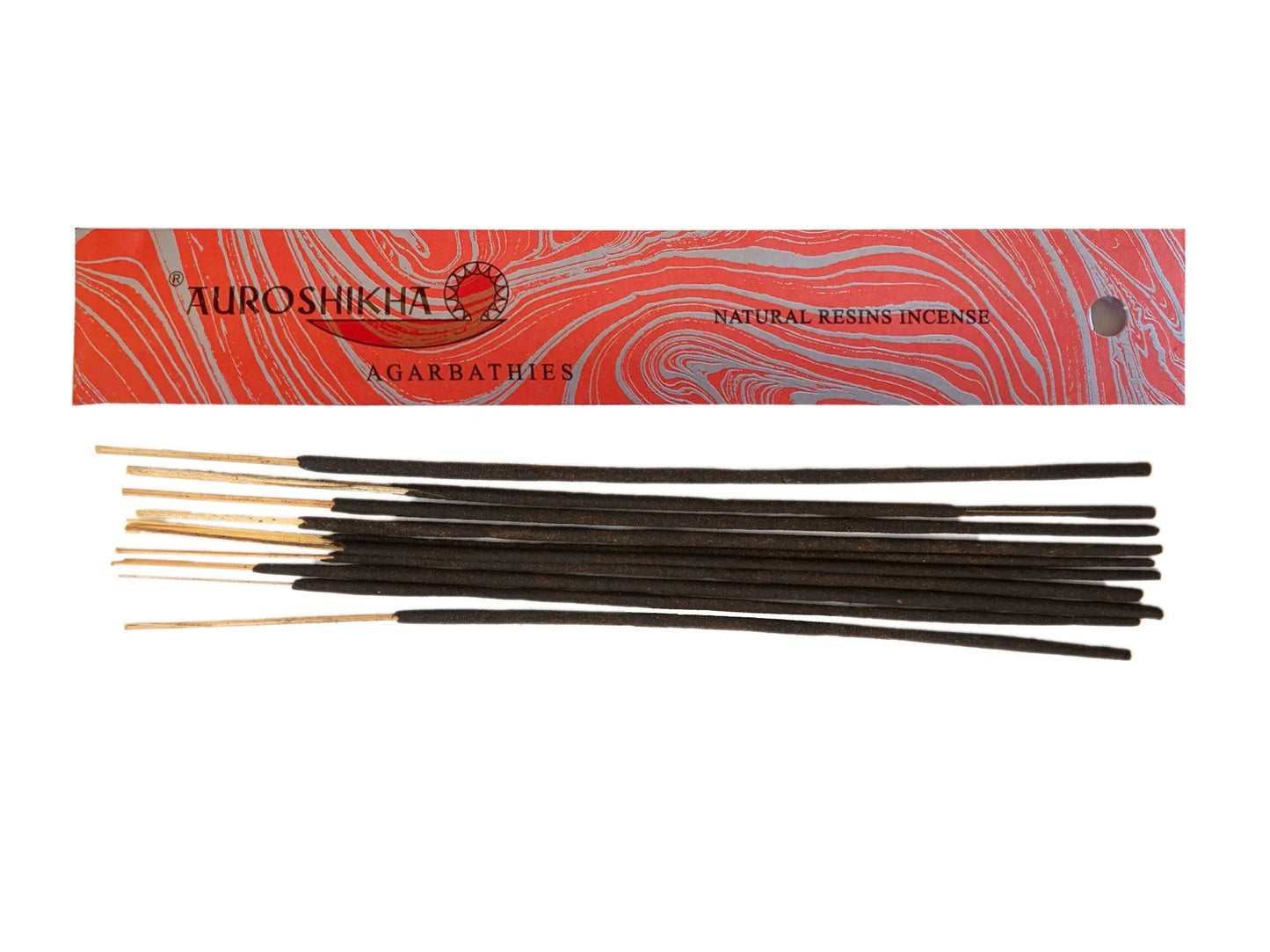 Black Artschatz incense sticks with light wooden tips and a red marbled Auroshikha box labeled Natural Resins. - Natural Resins