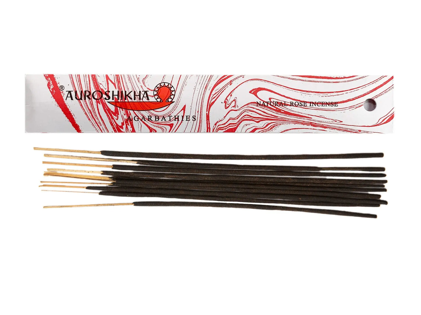 Auroshikha Natural Rose Artschatz incense sticks with marbled red and white packaging and black stick bundles. - Natural Rose