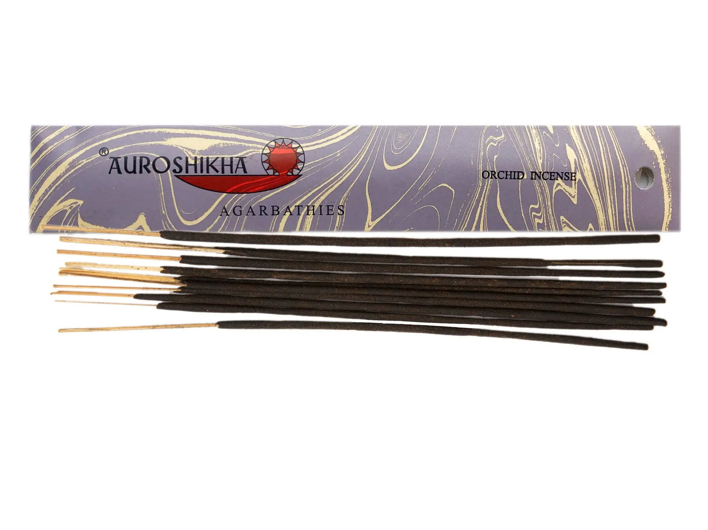 Auroshikha Artschatz Orchid marbled incense sticks with purple and gold patterned box. - Orchid