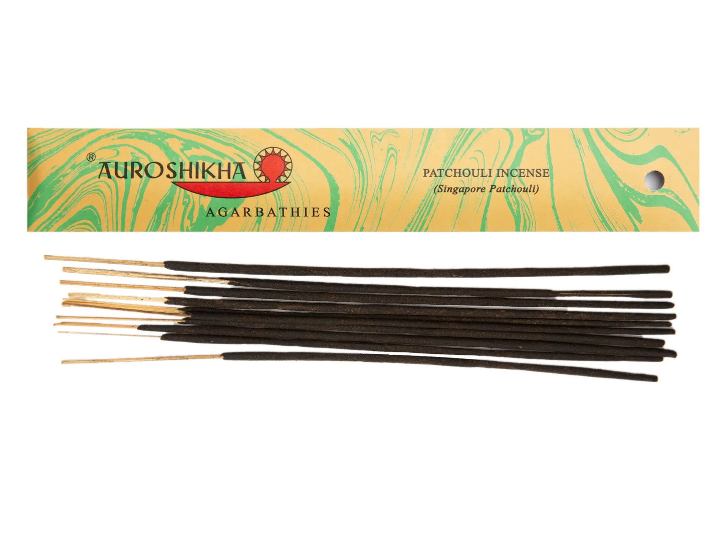Auroshikha Patchouli artschatz incense sticks with yellow-green marbled box. - Patchouli