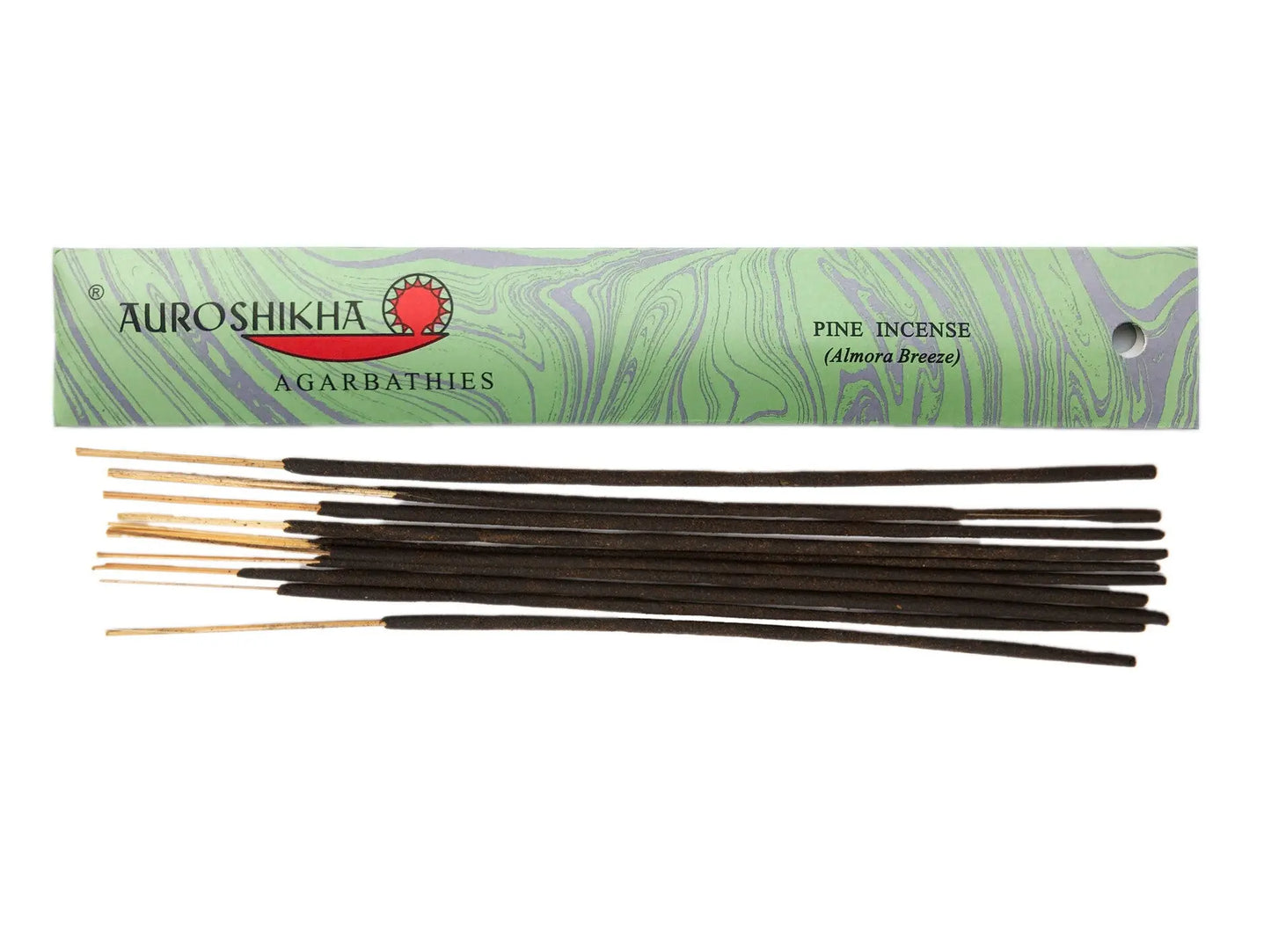 Artschatz Auroshikha Pine incense sticks with green leafy patterned packaging and dark brown sticks. - Pine
