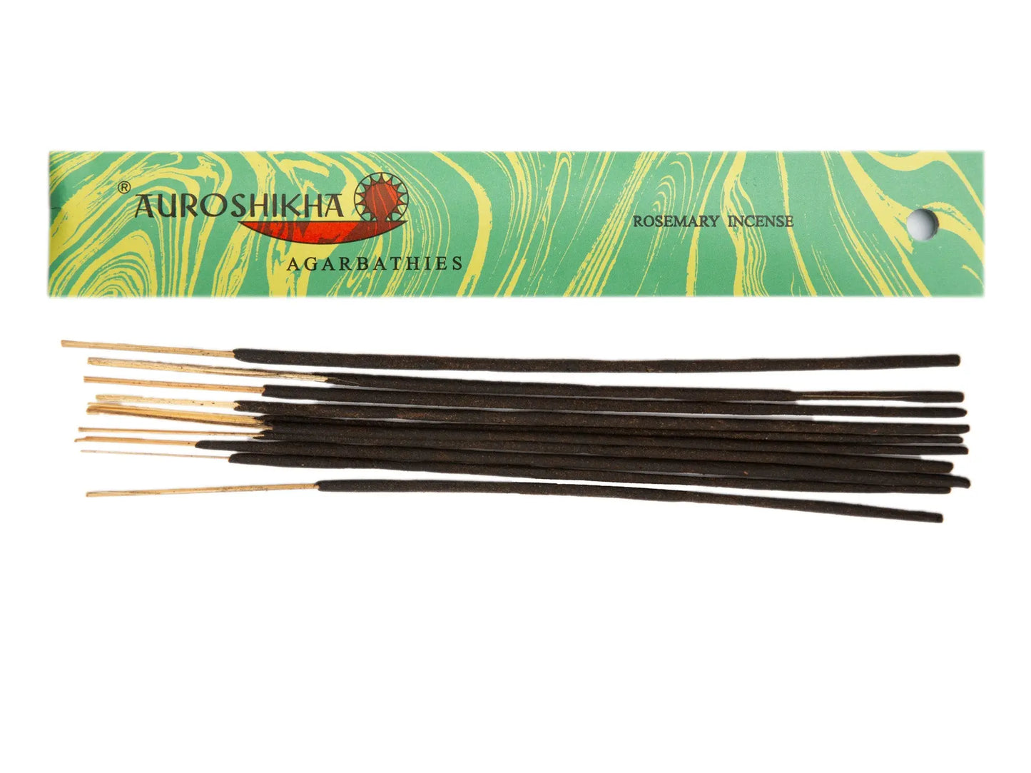 Artschatz rosemary incense sticks with green and yellow marbled packaging labeled Auroshikha. - Rosemary
