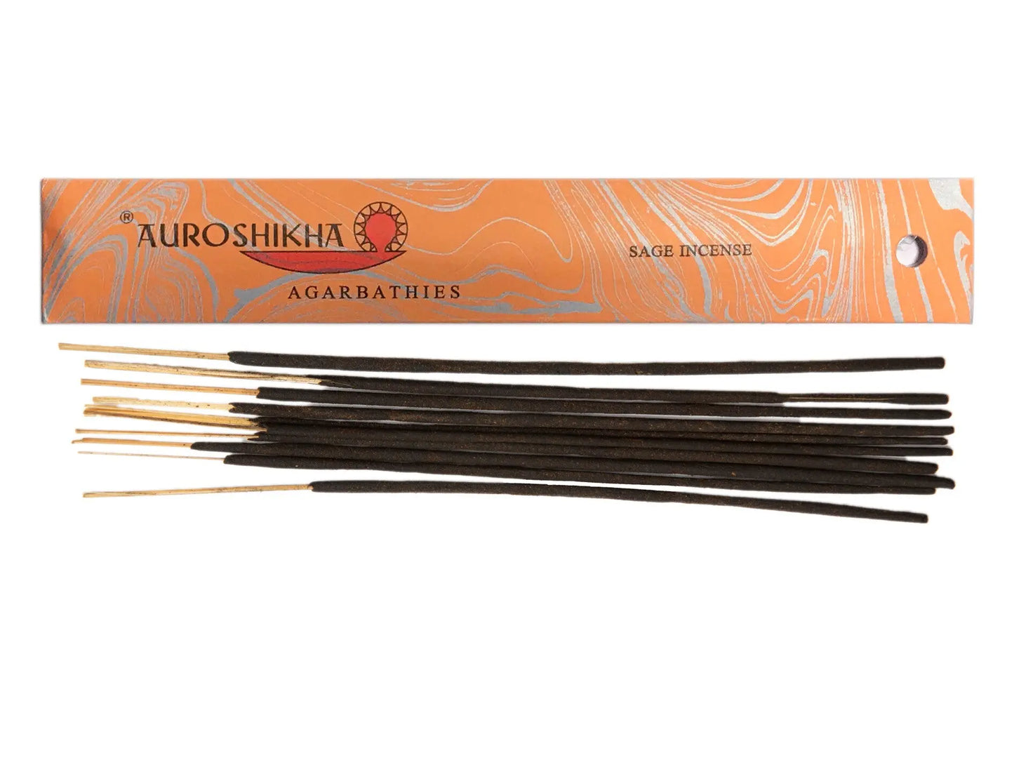 Artschatz Auroshikha Sage incense sticks with orange marbled box packaging. - Sage