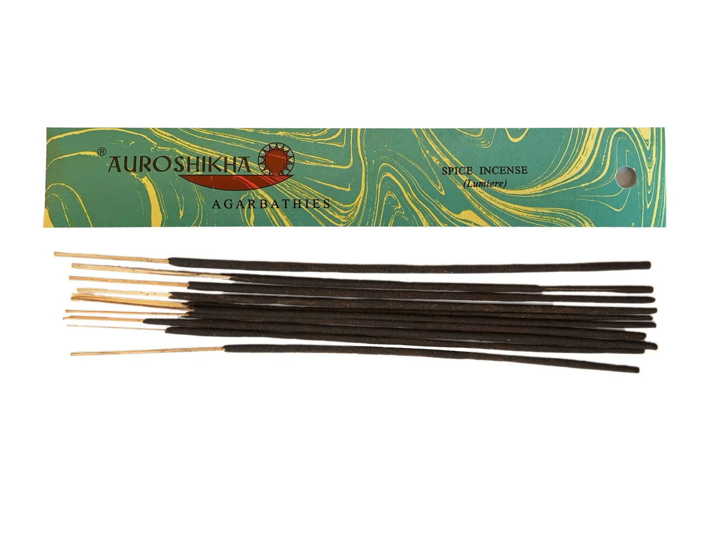 Artschatz marbled green and gold incense box with dark brown incense sticks scattered below. - Spice (Lumiere)