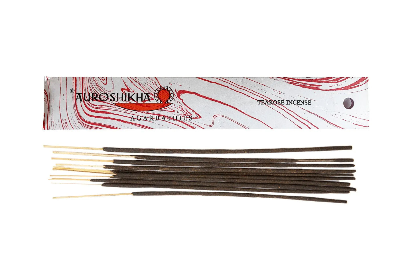 Auroshikha Tearose Artschatz marbled incense sticks with white and red marbled packaging. - Tearose