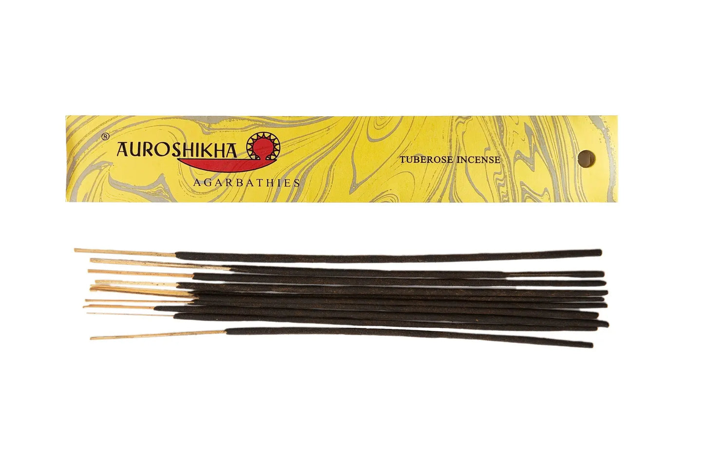 Auroshikha Artschatz Tuberose incense sticks with yellow decorative box packaging. - Tuberose