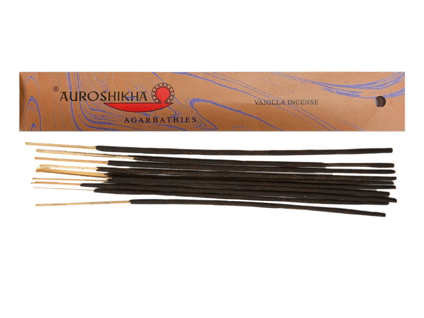 Auroshikha Artschatz Vanilla incense sticks with orange and blue marbled packaging. - Vanilla