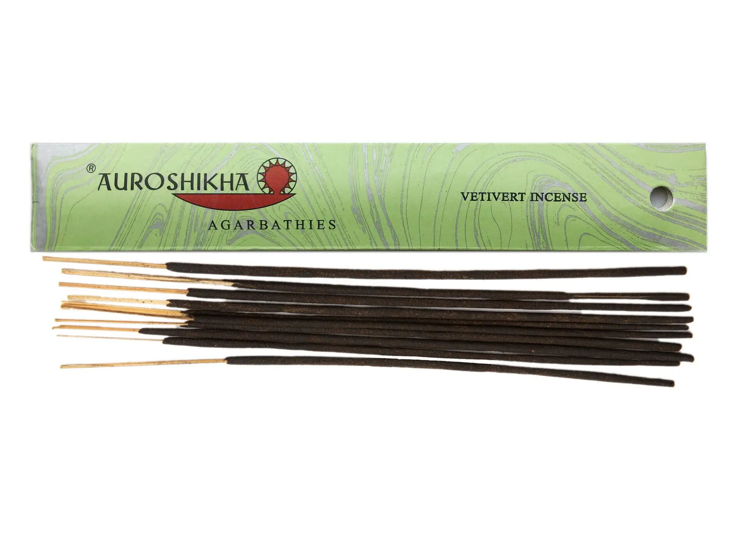 Auroshikha Vetivert Artschatz incense sticks with light green marbled box packaging. - Vetivert