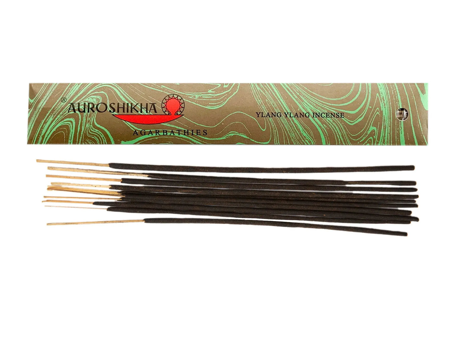 Auroshikha Ylang Ylang Artschatz incense sticks with green and brown marbled packaging. - Ylang Ylang