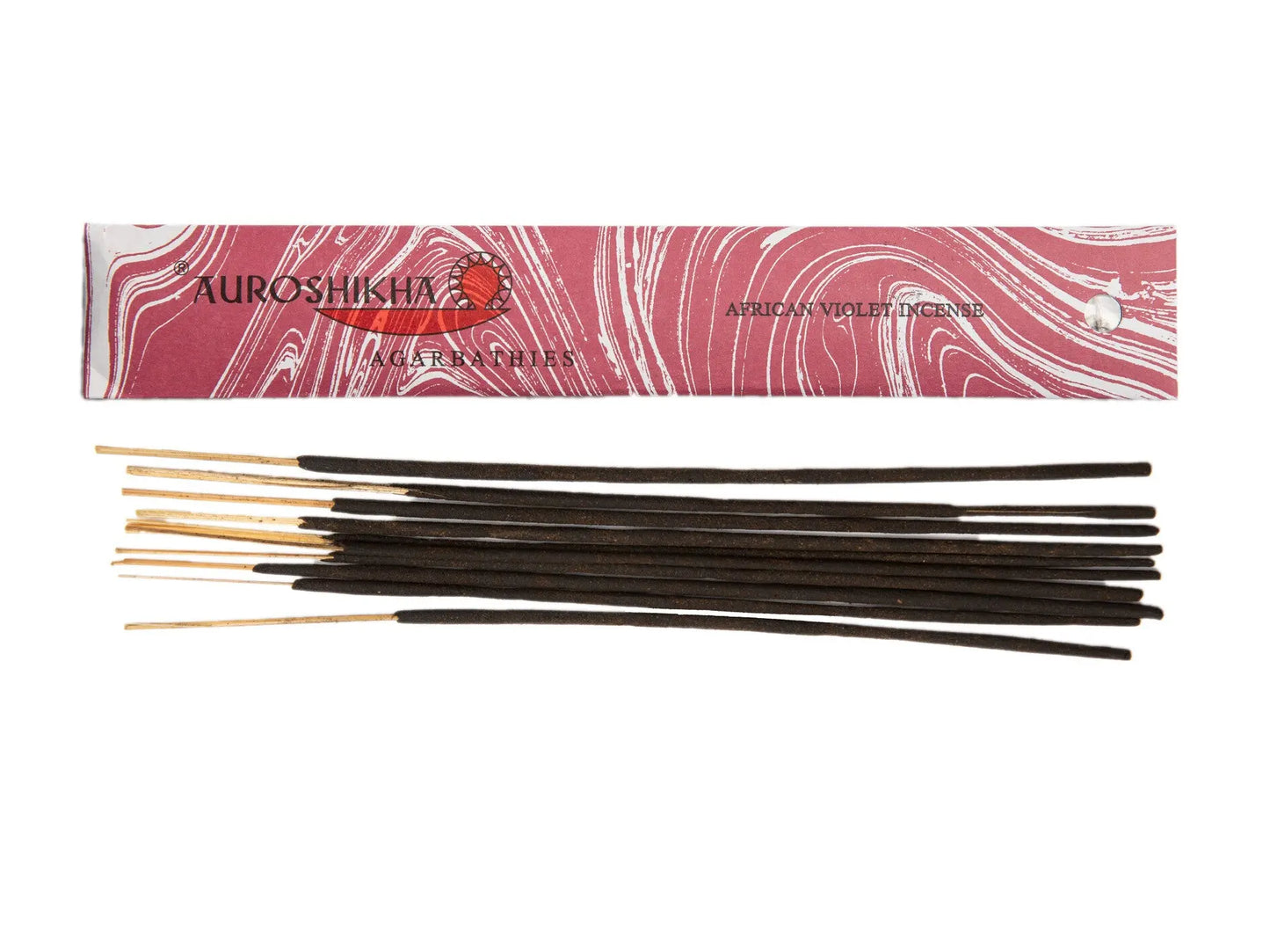Auroshikha Marbling Artschatz incense sticks in red marbled box with black sticks laid out. - African Violet
