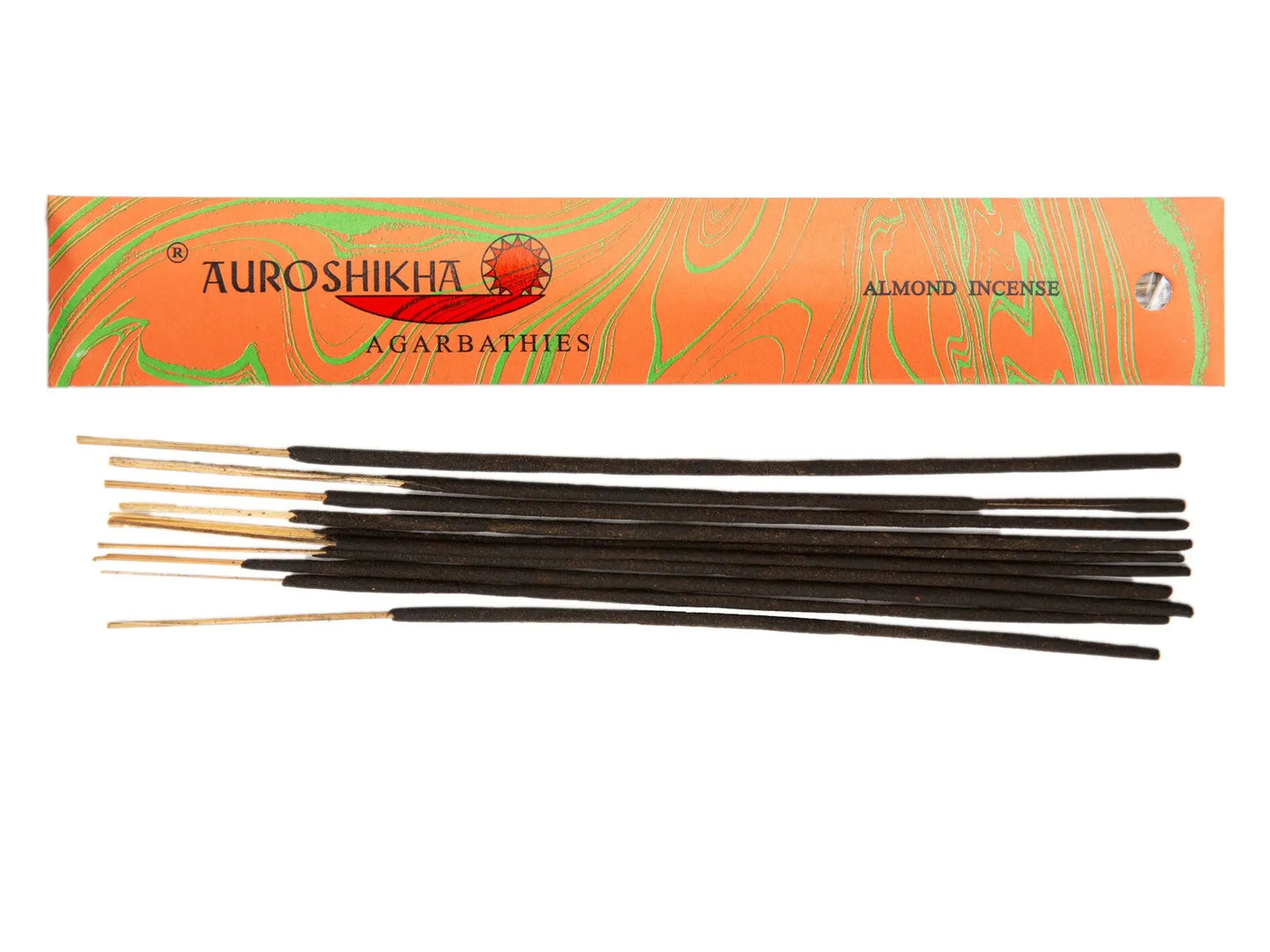 Auroshikha Artschatz Almond incense sticks with orange floral packaging and black sticks. - Almond