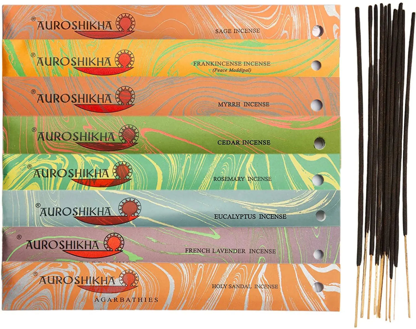 Artschatz Auroshikha incense sticks in Cleansing and Purification scents with colorful marbled packaging. - ~ Cleansing and Purification ~ Sage, Frankincense, Myrrh, Cedar, Rosemary, Eucalyptus, Lavender, Holy Sandal