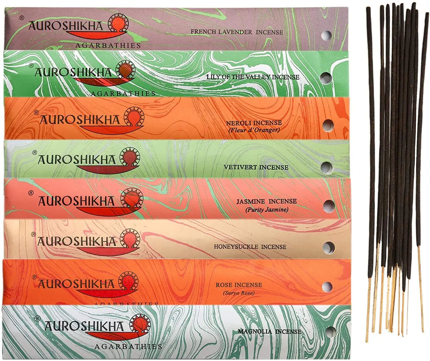 Artschatz Auroshikha marbled incense packs in green, orange, and peach tones with black incense sticks. - ~ Spring Feelings ~ Gardenia, Purity Jasmine, Honeysuckle, Surya Rose, Lavender, Neroli, Magnolia, Lily of The Valley