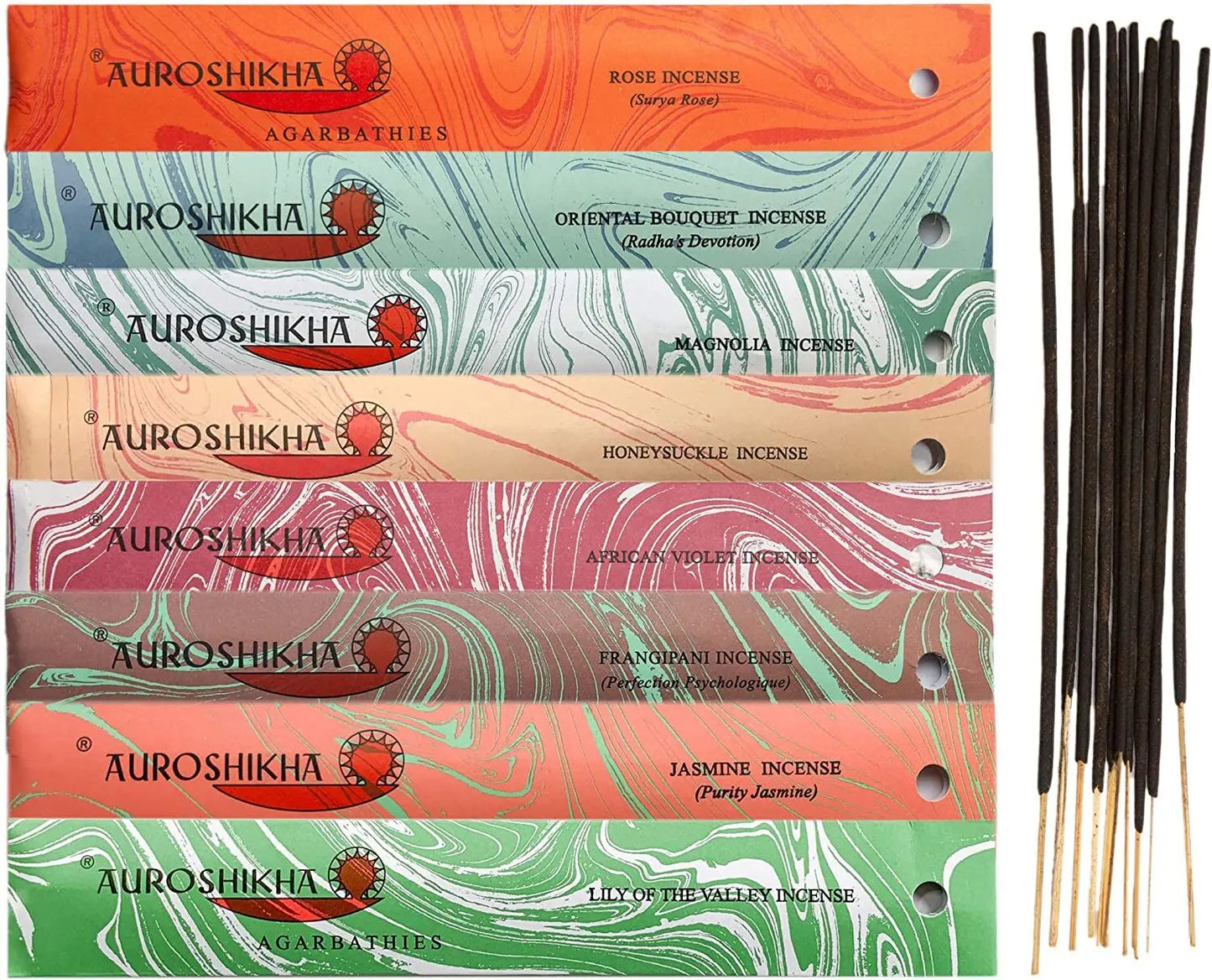 Colorful Artschatz Auroshikha incense boxes with floral designs and sticks adjacent. - ~ The Florist ~ Surya Rose, Oriental Bouquet, Magnolia, Honeysuckle, African Violet, Frangipani, Jasmine, Lily of The Valley